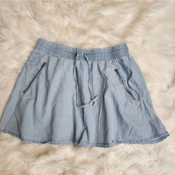 Fabletics Light Blue Chambray Denim Skirt with Drawstring Sz Lg - Picture 1 of 6